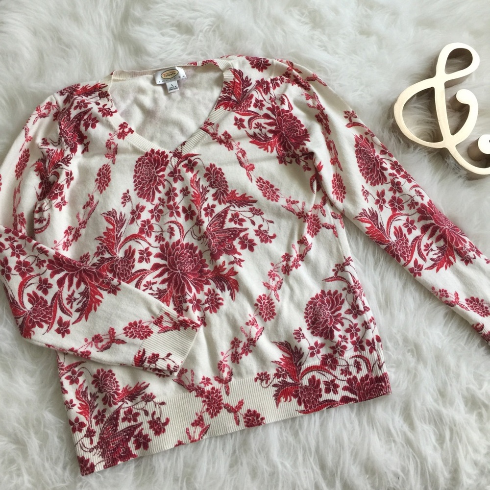 Talbots Cream Sweater with Red Floral Print